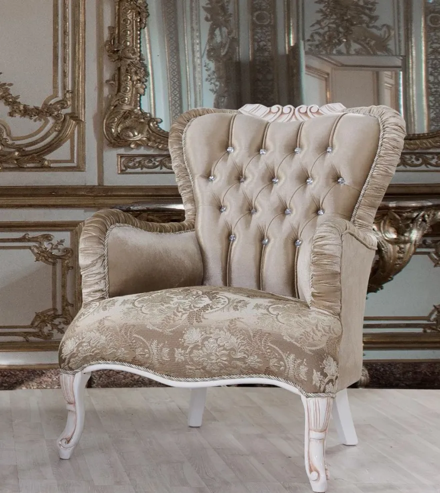 Casa Padrino Barock Sessel Braun / Weiß / Beige 80 x 82 x H. 100 cm - Prunkvoller Wohnzimmer Sessel mit Glitzersteinen - Barockstil Möbel