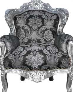Casa Padrino Barock Sessel King in Schwarz mit Muster und Silber - Handgefertigtes Luxusmöbel 120 x 85 x 85 cm