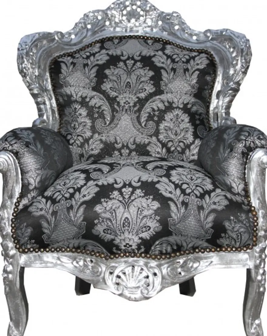 Casa Padrino Barock Sessel King in Schwarz mit Muster und Silber - Handgefertigtes Luxusmöbel 120 x 85 x 85 cm