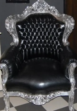 Casa Padrino Barock Sessel King Schwarz/Silber in Lederoptik, Höhe 120 cm, Breite 85 cm, Tiefe 85 cm