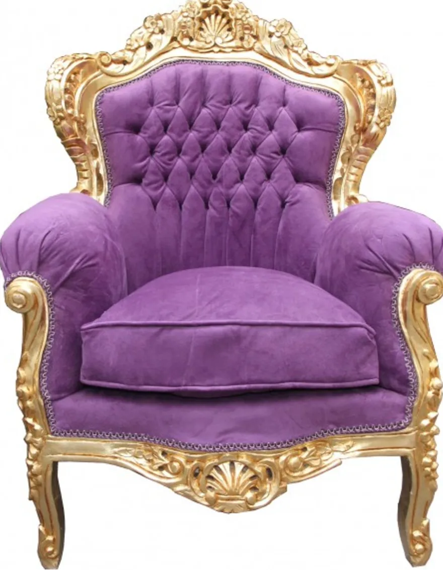 Casa Padrino Barock Sessel King Mod2 Lila / Gold - Luxus Barockmöbel 116 x 85 x 60 cm