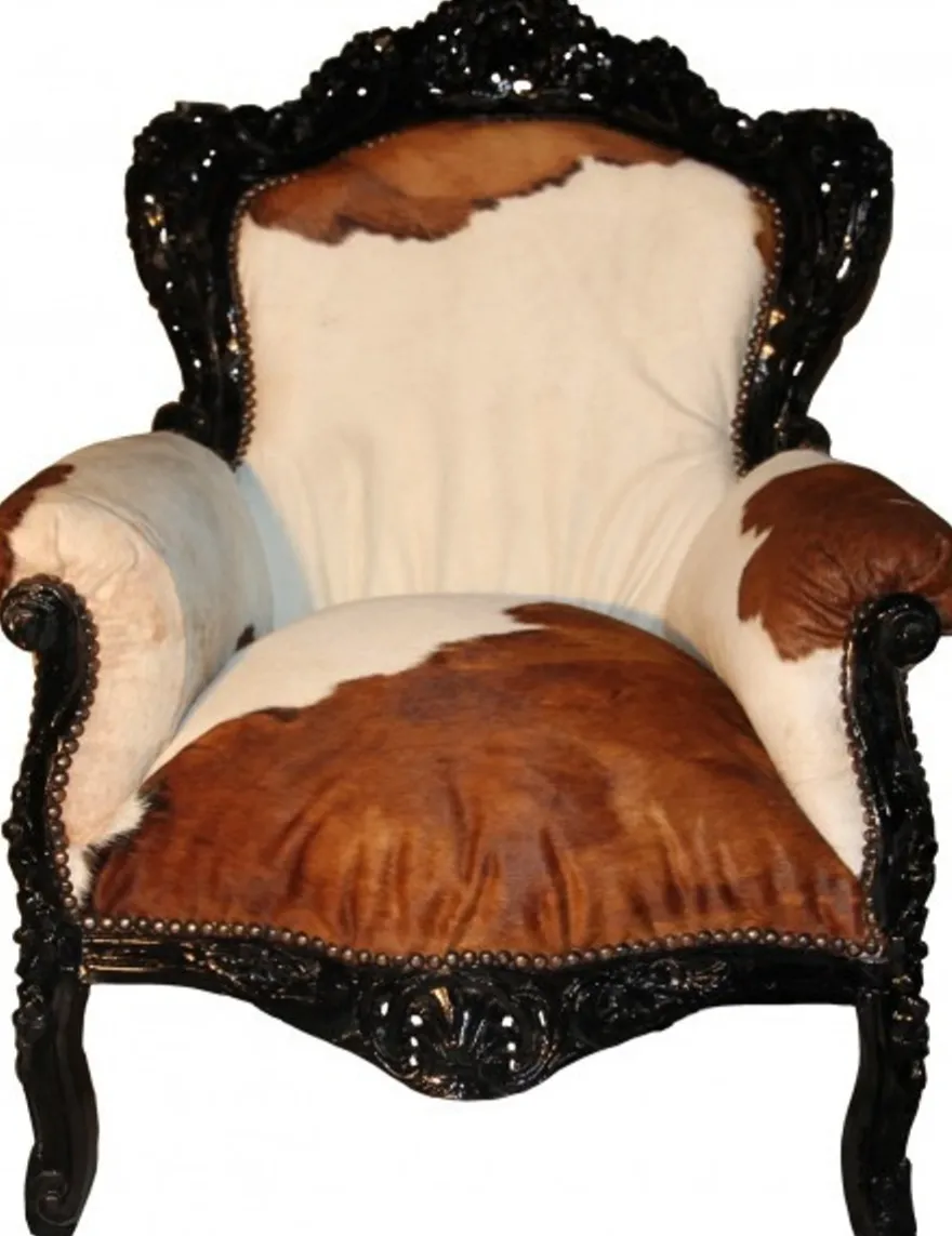Casa Padrino Barock Sessel King mit Kuhfell in Braun, 85 x 85 x H. 120 cm - Limited Edition