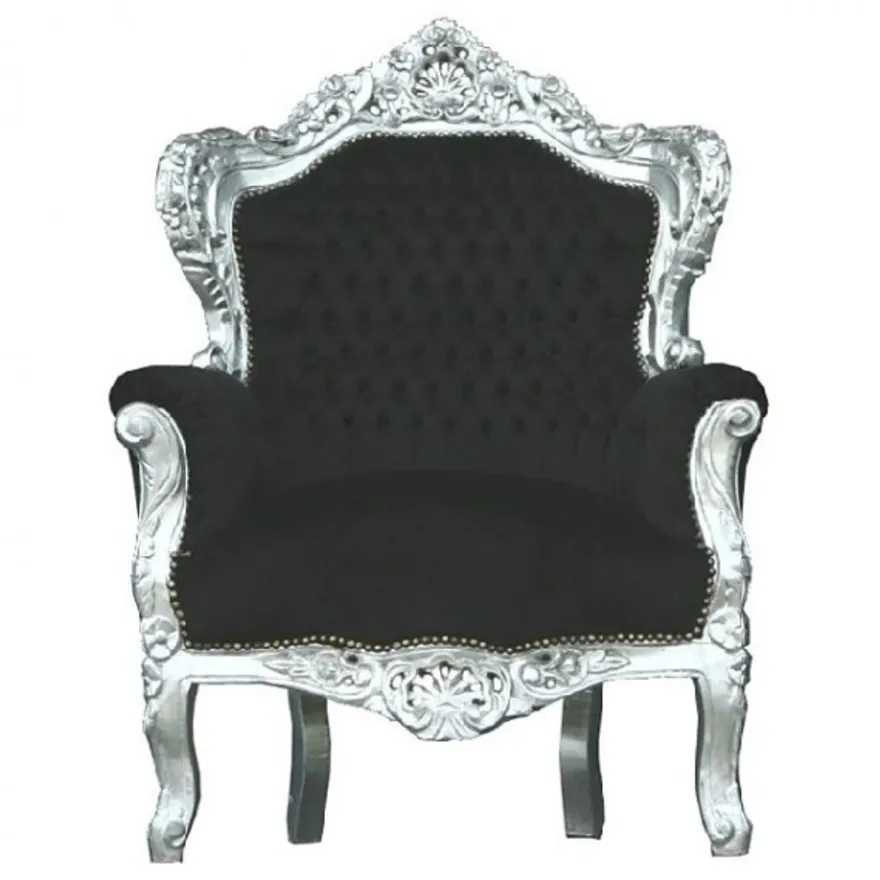 Casa Padrino Barock Sessel King Schwarz/Silber, 120 x 85 x 85 cm, Handgefertigter Luxus-Sessel
