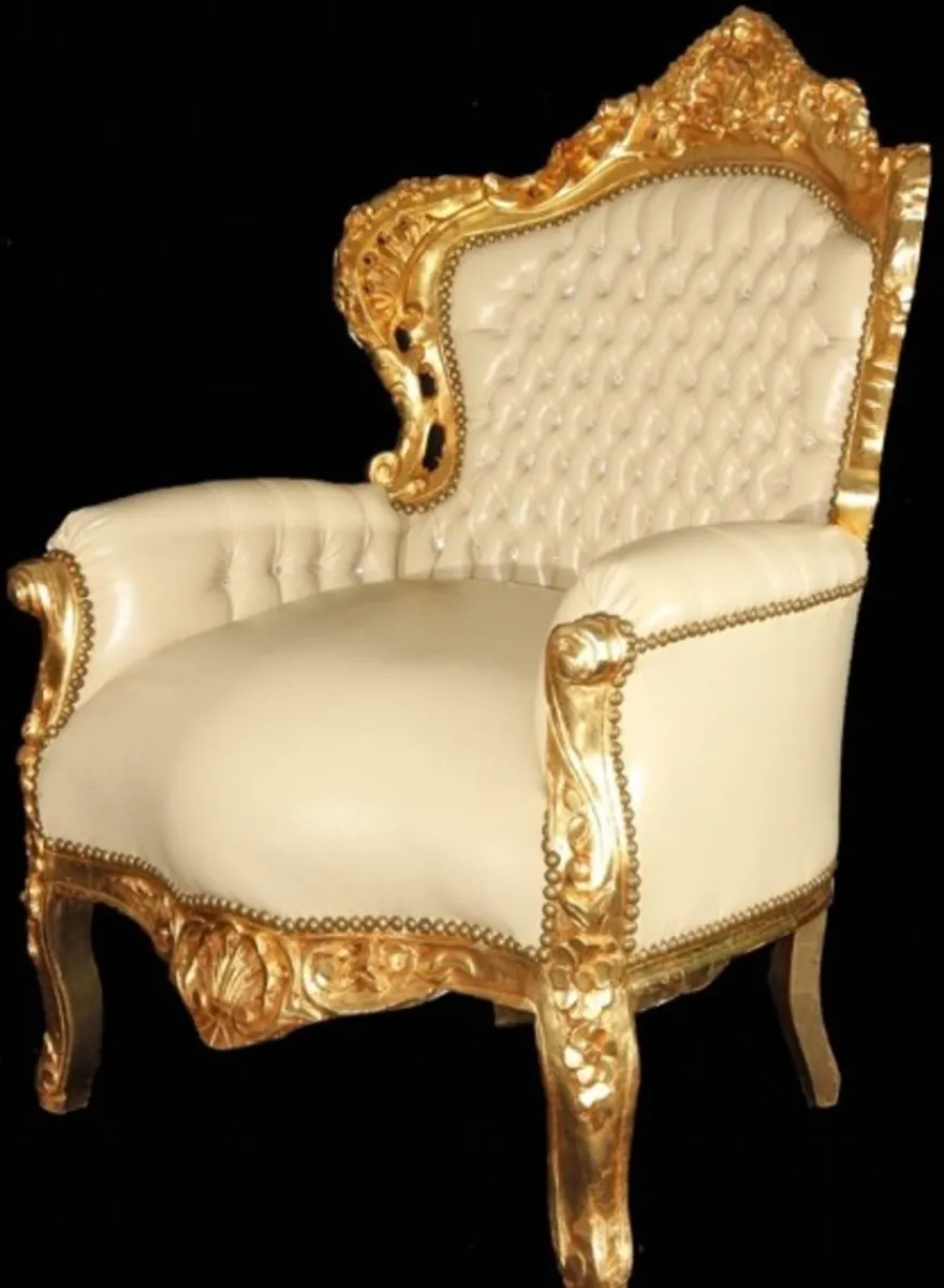 Casa Padrino Barock Sessel King im Antik Stil, Creme Lederoptik und Gold mit Bling Bling Glitzersteinen, 120 x 85 x 85 cm