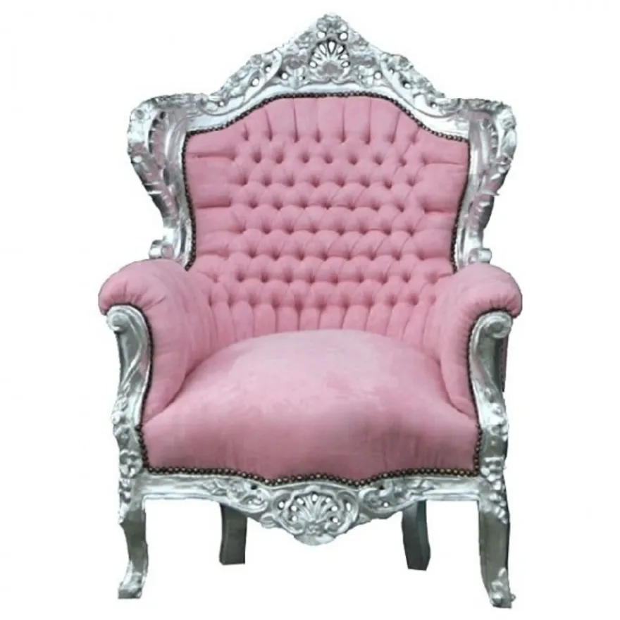 Casa Padrino Barock Sessel King in Rosa und Silber - Luxuriöser Samtsessel mit Massivholz - 120 x 85 x 85 cm