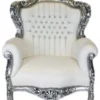 Casa Padrino Barock Sessel King Weiß Lederoptik / Silber mit Glitzersteinen - 85 x 85 x 120 cm