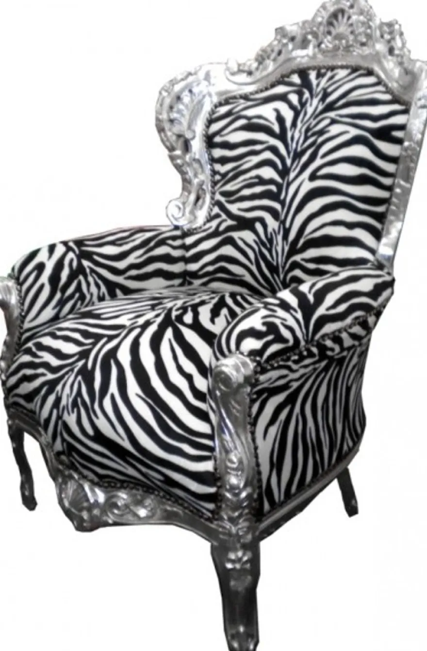 Casa Padrino Barock Sessel King Zebra / Silber - Handgefertigter Sessel aus Massivholz, 120 x 85 x 85 cm