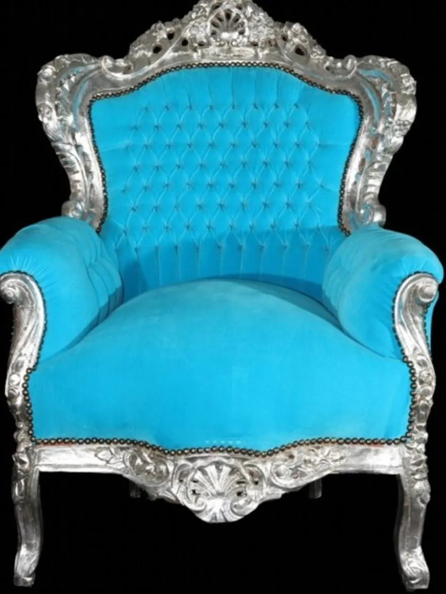 Casa Padrino Barock Sessel King im Antik Stil, Samtstoff Türkis und Holzgestell Silber, 120 x 85 x 85 cm
