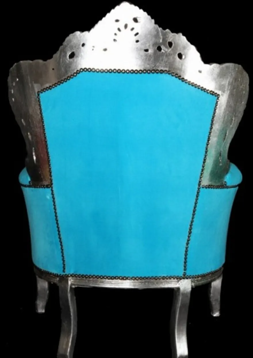 Casa Padrino Barock Sessel King im Antik Stil, Samtstoff Türkis und Holzgestell Silber, 120 x 85 x 85 cm