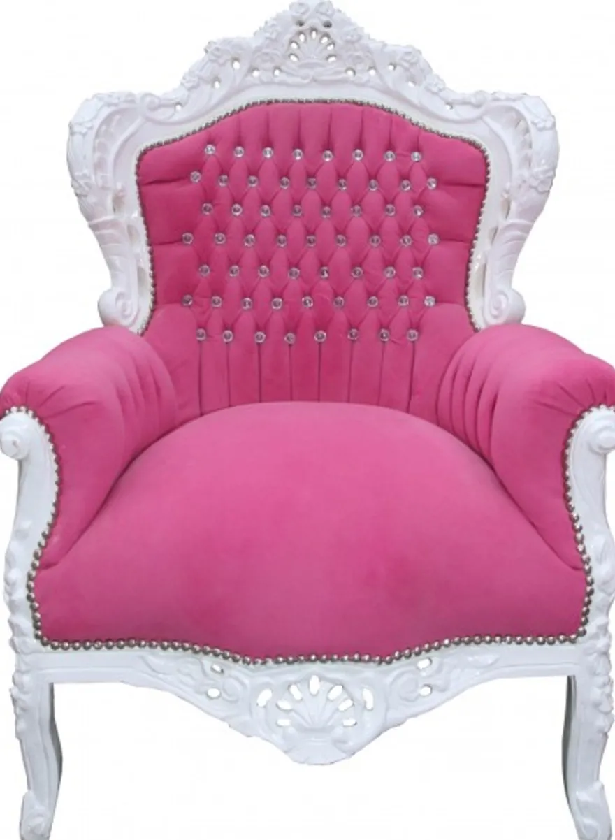 Casa Padrino Barock Sessel King Rosa / Weiß mit Bling Bling Glitzersteinen, 120 x 85 x 85 cm