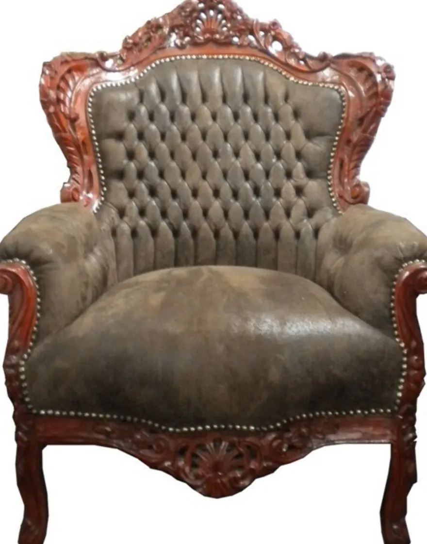 Casa Padrino Barock Sessel King Braun Lederoptik / Braun - Barock Wohnzimmer Möbel