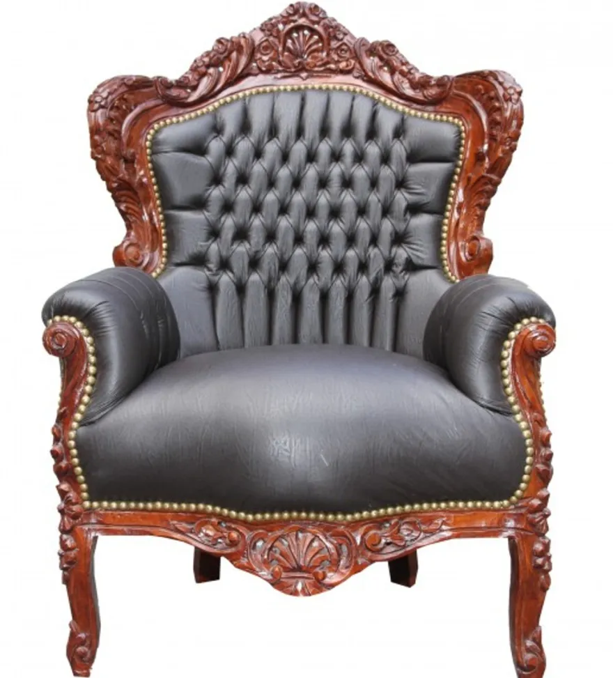 Casa Padrino Barock Sessel King in Braun Lederoptik, Massivholz, 120 x 85 x 85 cm