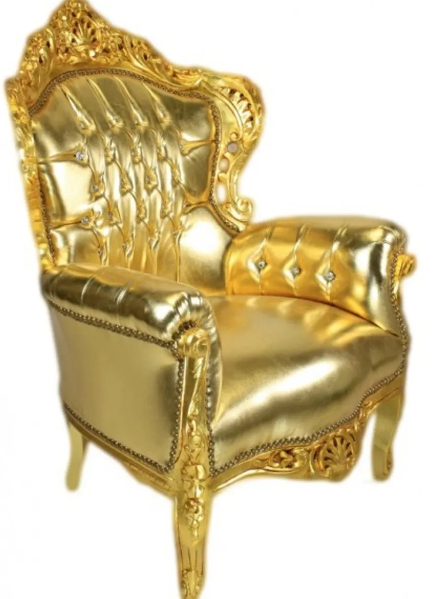 Casa Padrino Barock Sessel King Gold in Lederoptik mit Bling Bling Glitzersteinen, 120 x 85 x 85 cm