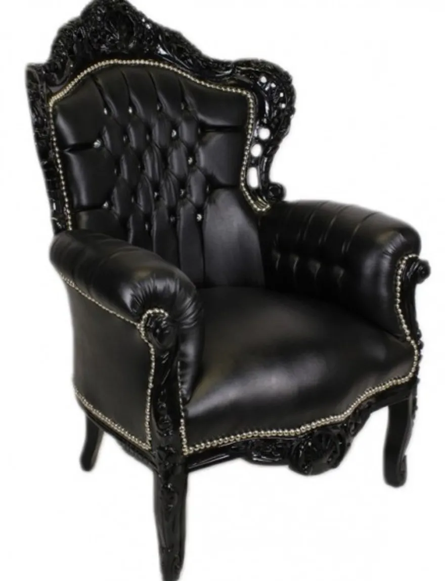 Casa Padrino Barock Sessel King Schwarz/Schwarz Lederoptik mit Bling Bling Glitzersteinen, 120 x 85 x 85 cm