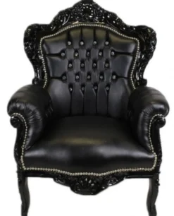 Casa Padrino Barock Sessel King Schwarz/Schwarz Lederoptik mit Bling Bling Glitzersteinen, 120 x 85 x 85 cm