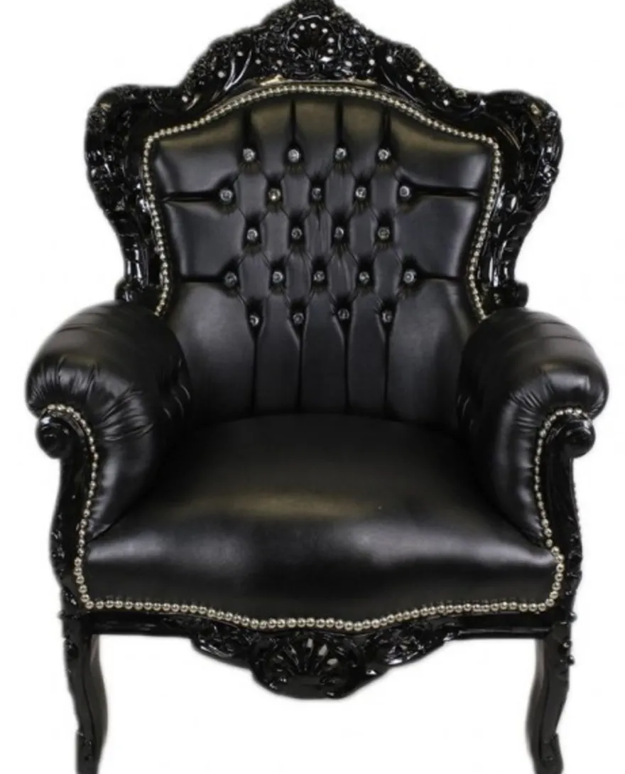 Casa Padrino Barock Sessel King Schwarz/Schwarz Lederoptik mit Bling Bling Glitzersteinen, 120 x 85 x 85 cm