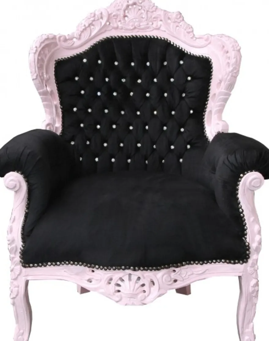 Casa Padrino Barock Sessel King Schwarz und Rosa mit Glitzersteinen 85 x 85 x 120 cm