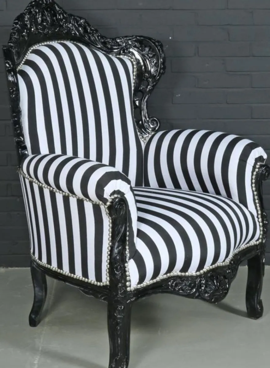 Casa Padrino Barock Sessel King im Barockstil Schwarz / Weiß gestreift 85 x 85 x H. 120 cm