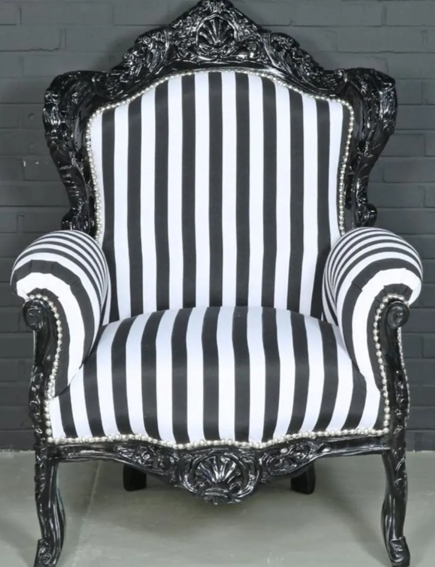 Casa Padrino Barock Sessel King im Barockstil Schwarz / Weiß gestreift 85 x 85 x H. 120 cm