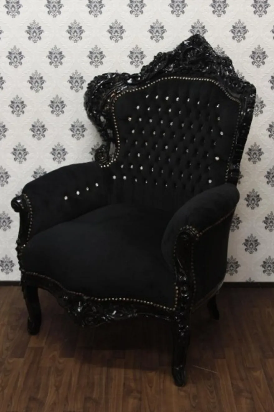 Casa Padrino Barock Sessel King Schwarz/Schwarz mit Bling Bling Glitzersteinen 120 x 85 x 85 cm