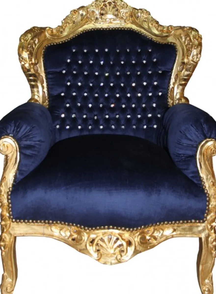 Casa Padrino Barock Sessel King im Antik Stil, Royalblau und Gold mit Glitzersteinen, 120 x 85 x 85 cm