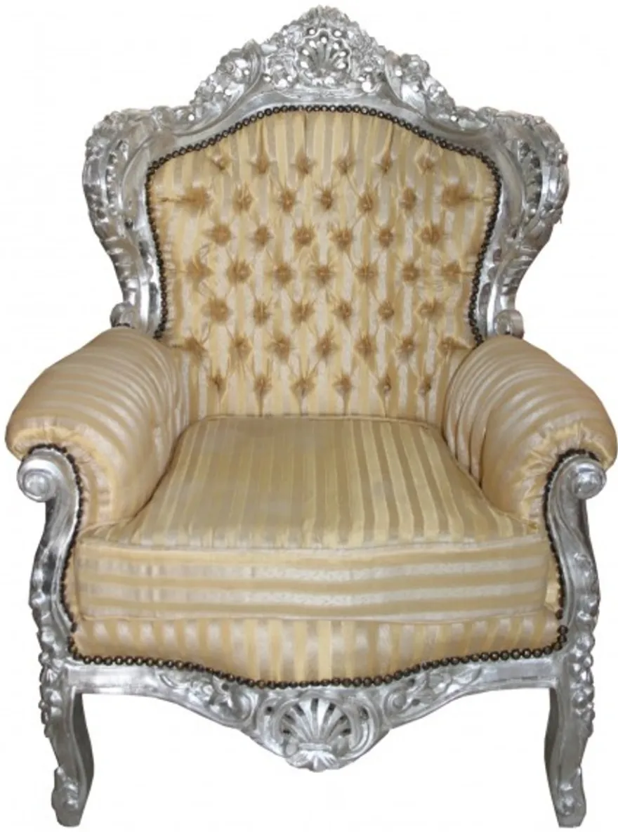 Casa Padrino Barock Sessel King Mod2 Gold / Beige Streifen / Silber - 116 x 85 x 60 cm