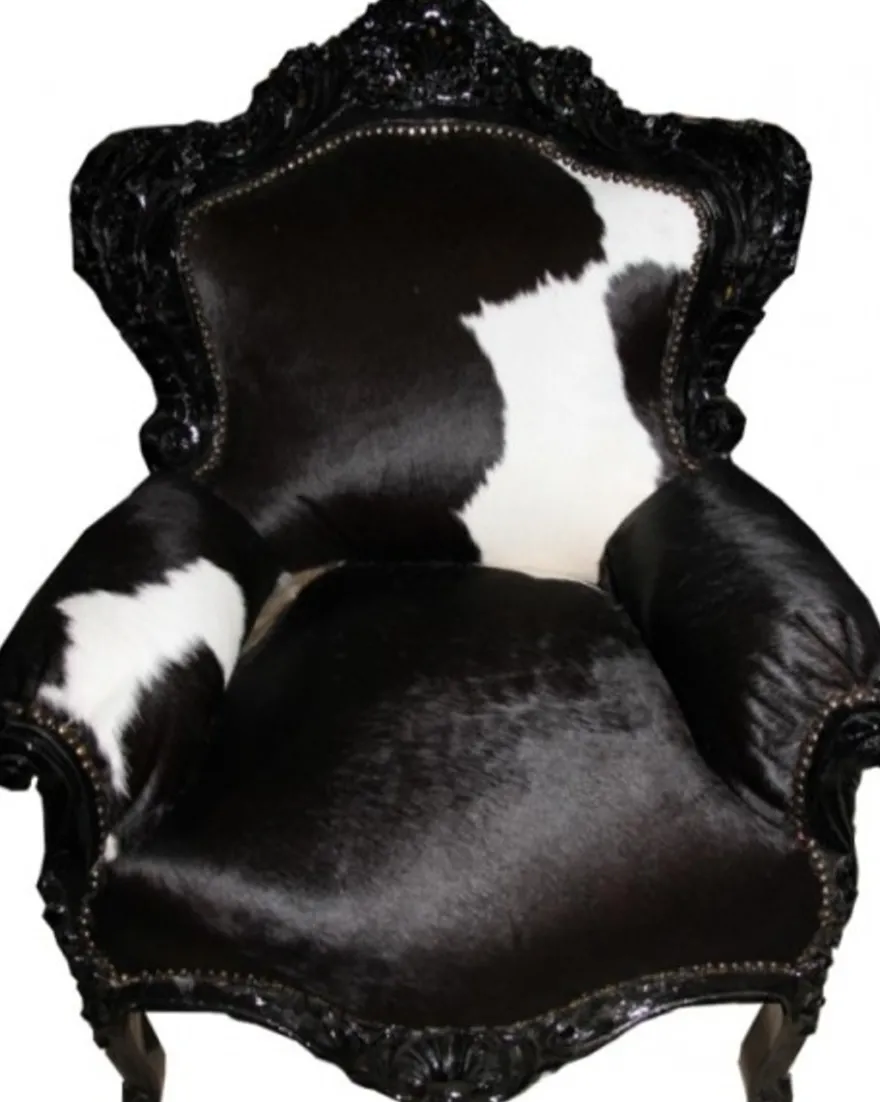 Casa Padrino Barock Sessel King Kuhfell / Schwarz - Echtes Kuhfell - Antik Stil Fell Sessel - 120 x 85 x 85 cm
