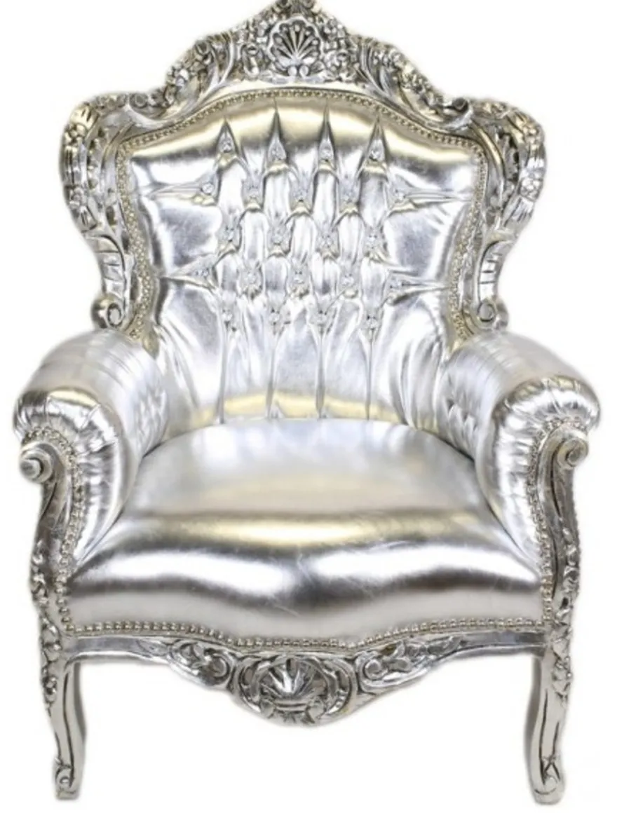 Casa Padrino Barock Sessel King Silber Lederoptik mit Bling Bling Glitzersteinen, 120 x 85 x 85 cm
