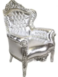 Casa Padrino Barock Sessel King Silber Lederoptik mit Bling Bling Glitzersteinen, 120 x 85 x 85 cm