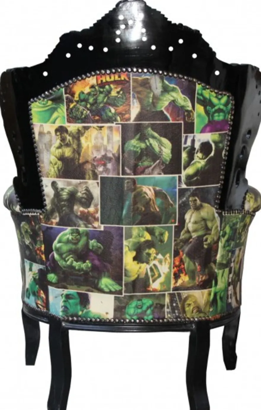 Casa Padrino Barock Sessel King im exklusiven Comic Design und Schwarz Lederoptik, 120 x 85 x 85 cm