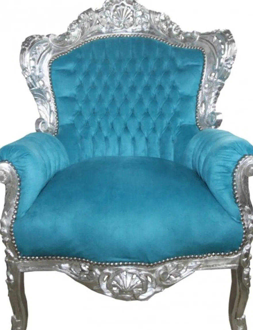 Casa Padrino Barock Sessel King im Antik Stil, Petrol Türkis und Silber, 120 x 85 x 85 cm