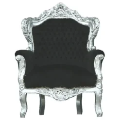 Casa Padrino Barock Sessel King Schwarz/Silber - Massivholz Thron, 120 x 85 x 85 cm