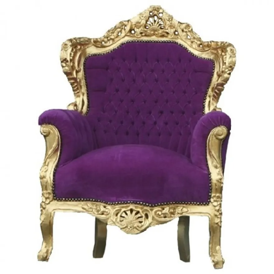 Casa Padrino Barock Sessel King im Antik Stil, Samtbezug in Lila und Holzgestell in Gold, 120 x 85 x 85 cm