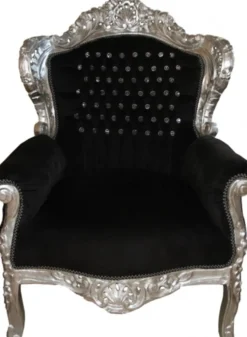 Casa Padrino Barock Sessel King im Antik Stil Schwarz / Silber mit Glitzersteinen 85 x 85 x H. 120 cm