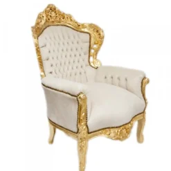 Casa Padrino Barock Sessel King Creme / Gold aus Massivholz mit Samtstoff 85 x 85 x 120 cm