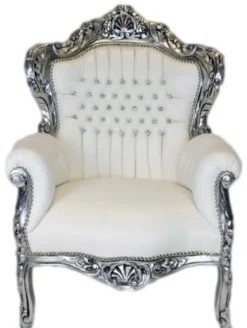 Casa Padrino Barock Sessel King Weiss Lederoptik / Silber mit Bling Bling Glitzersteinen 120 x 85 x 85 cm