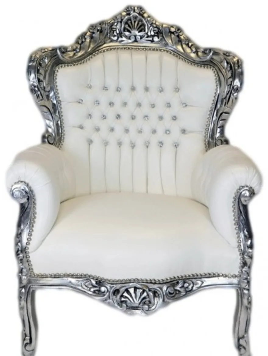 Casa Padrino Barock Sessel King Weiss Lederoptik / Silber mit Bling Bling Glitzersteinen 120 x 85 x 85 cm