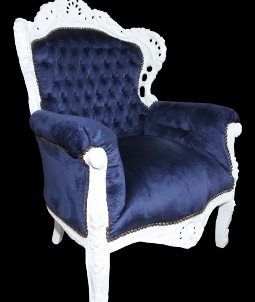 Casa Padrino Barock Sessel King Royalblau / Weiss, Breite 85 cm, Höhe 120 cm, Tiefe 85 cm, Massivholz, Samt