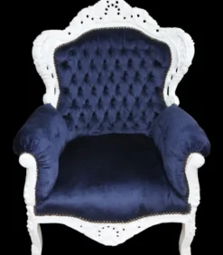 Casa Padrino Barock Sessel King Royalblau / Weiss, Breite 85 cm, Höhe 120 cm, Tiefe 85 cm, Massivholz, Samt