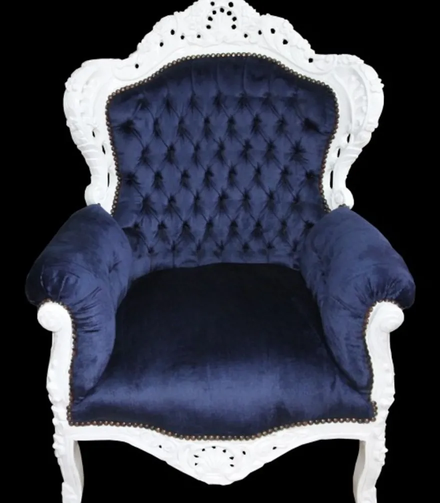 Casa Padrino Barock Sessel King Royalblau / Weiss, Breite 85 cm, Höhe 120 cm, Tiefe 85 cm, Massivholz, Samt