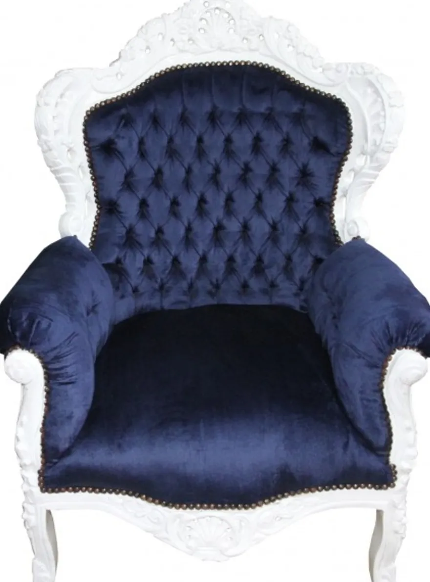 Casa Padrino Barock Sessel King Royalblau / Weiss, Breite 85 cm, Höhe 120 cm, Tiefe 85 cm, Massivholz, Samt