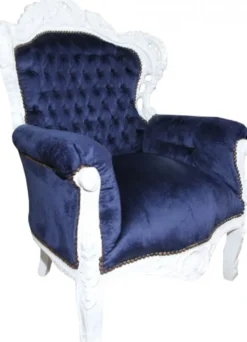 Casa Padrino Barock Sessel King Royalblau / Weiss, Breite 85 cm, Höhe 120 cm, Tiefe 85 cm, Massivholz, Samt