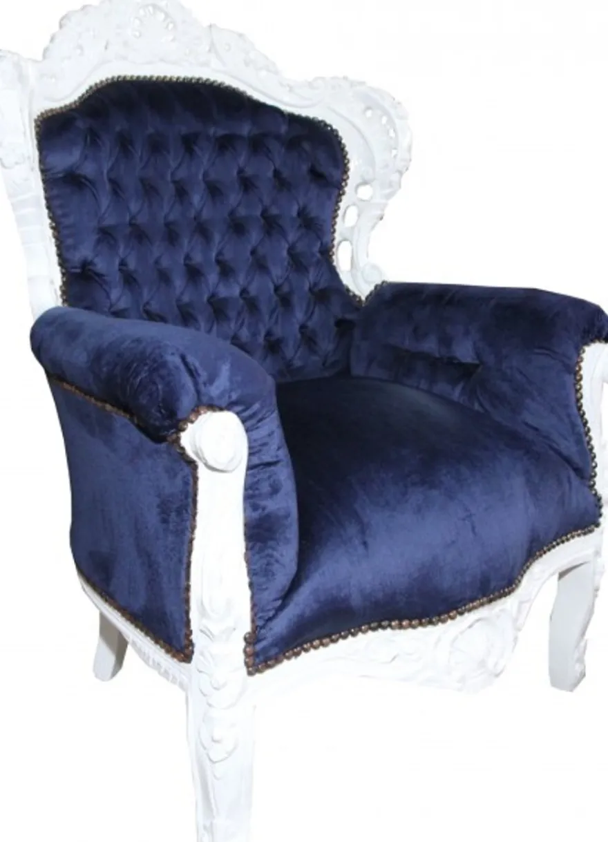 Casa Padrino Barock Sessel King Royalblau / Weiss, Breite 85 cm, Höhe 120 cm, Tiefe 85 cm, Massivholz, Samt