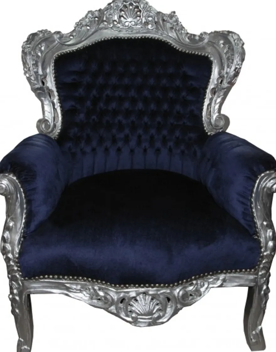 Casa Padrino Barock Sessel King Royalblau / Silber - Luxus Barock Möbel im Antik Stil - 120 x 85 x 85 cm