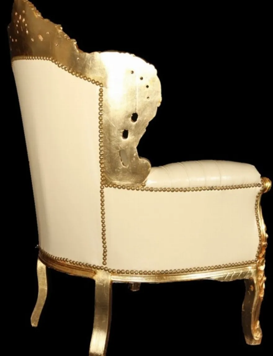 Casa Padrino Barock Sessel King Creme/Gold in Lederoptik mit Bling Bling Steinen, 120 x 85 x 85 cm