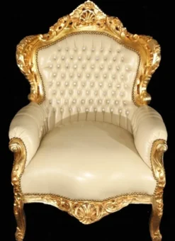 Casa Padrino Barock Sessel King Creme/Gold in Lederoptik mit Bling Bling Steinen, 120 x 85 x 85 cm
