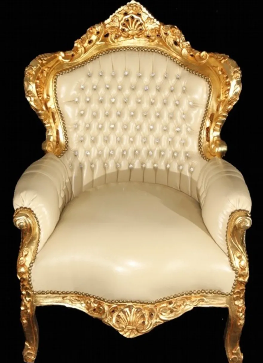 Casa Padrino Barock Sessel King Creme/Gold in Lederoptik mit Bling Bling Steinen, 120 x 85 x 85 cm