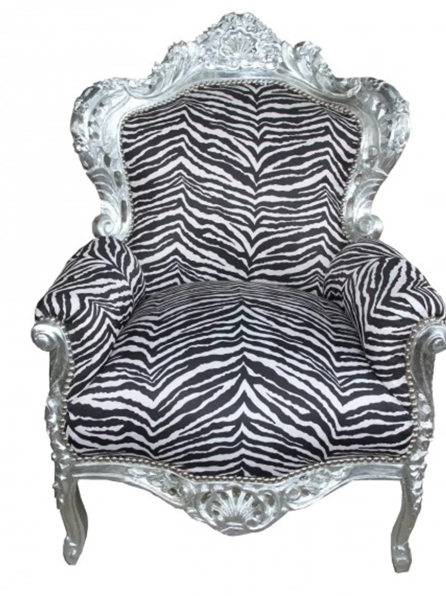 Casa Padrino Barock Sessel King im Zebra Design mit silbernem Rahmen, 120 x 85 x 85 cm