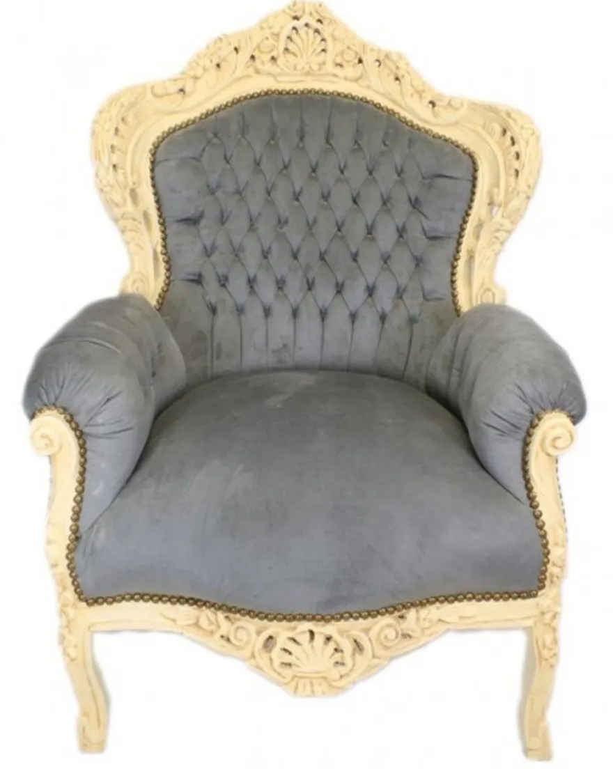 Casa Padrino Barock Sessel King in Grau und Antikstil Creme, 120 x 85 x 85 cm, handgefertigter Luxus-Sessel