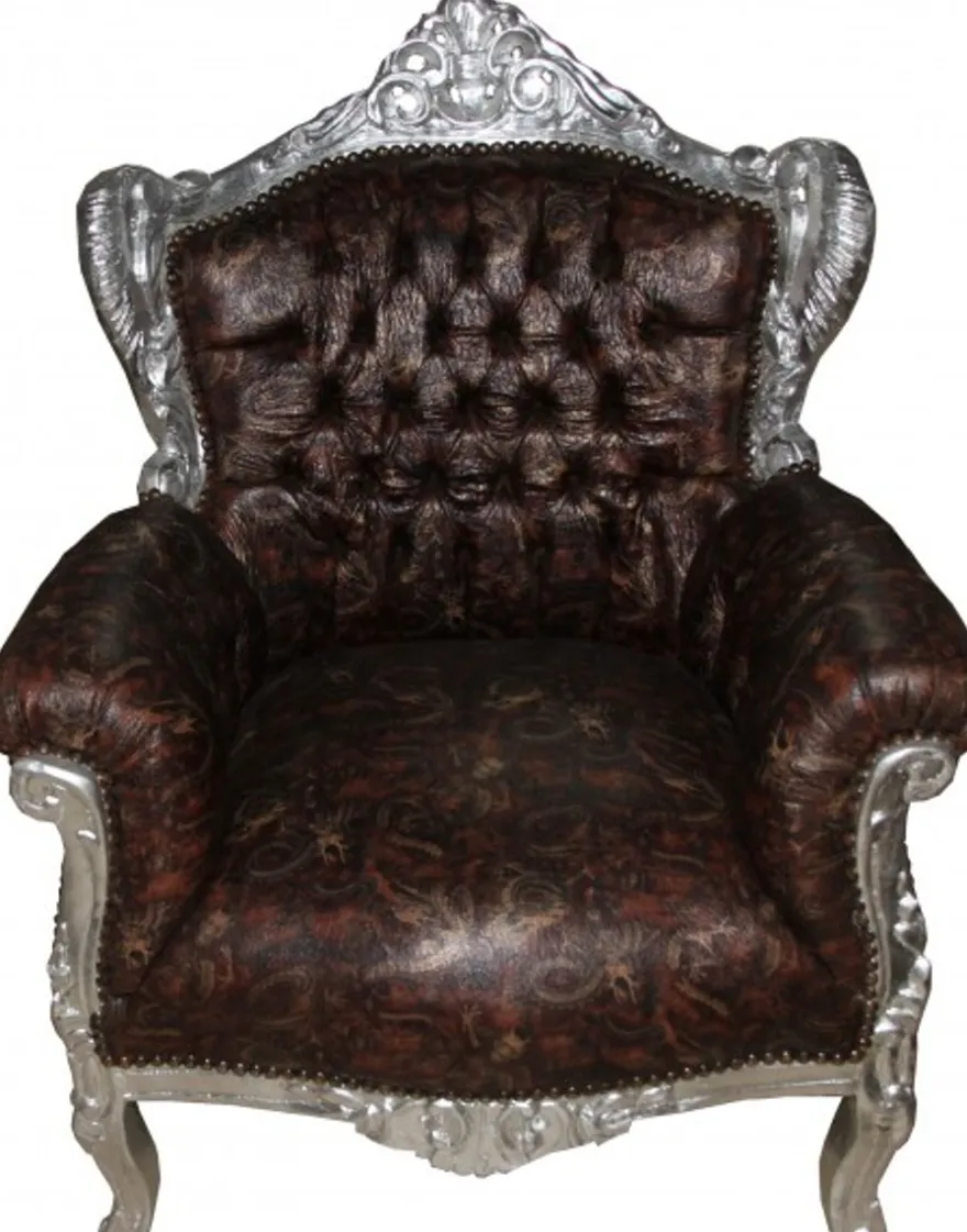 Casa Padrino Barock Sessel Lord Braun/Silber Lederoptik mit Drachenmotiv - Antik Stil - 100 x 78 x 58 cm